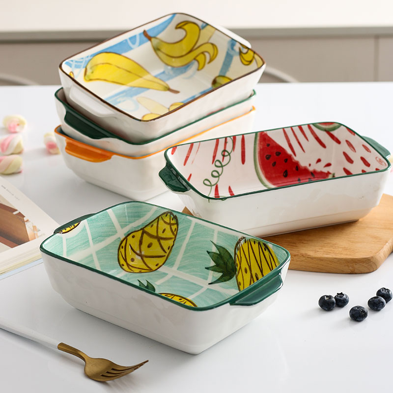 Nordic tableware net red hand-painted fruit rice bowl binaural baking bowl creative cute ceramic home oven rectangular bowl