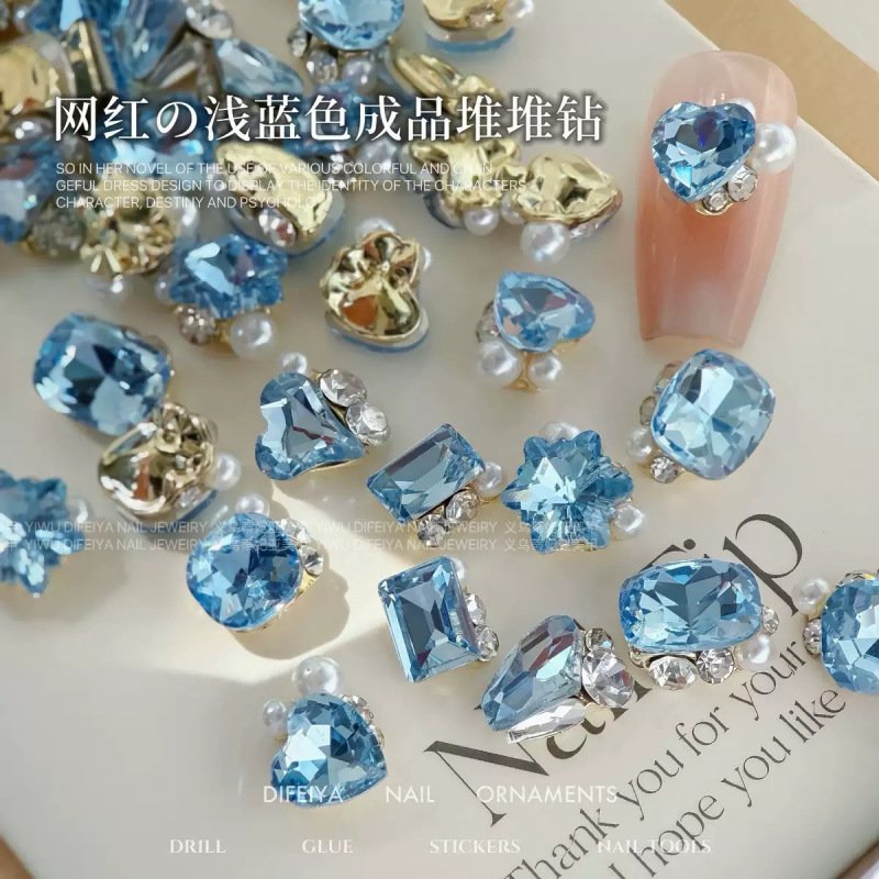 Light Blue Piled Diamond Nail Art Jewelry Sparkling Blue Rock Sugar Pillow Rectangular Ax Fat Square Finished Nail Piles of Diamonds