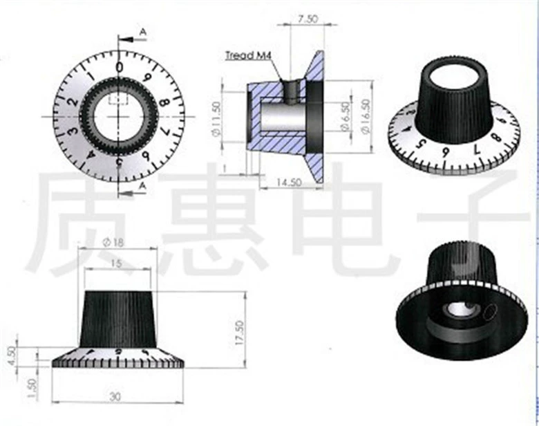 Núm chiết áp bề mặt kim loại có mặt số kỹ thuật số C2 C-2 6MM 30X17 nắp núm