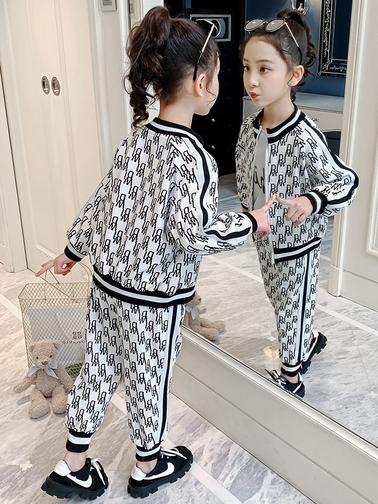 Hong Kong Tide Girl Spring and Autumn 2021 New Children's Clothing Yang Girl Costume two pieces of Children's Sports Clothing
