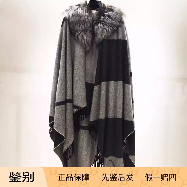 Fendi Cashmere Fox Fur Black and Gray Plaid Large Shawl Scarf 140*140cm