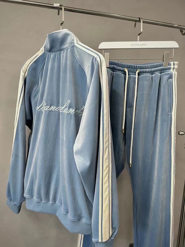 Galliano Landor Blue and Black Khaki Velvet Striped Embroidered Zipper Jacket and Sweatpants Set