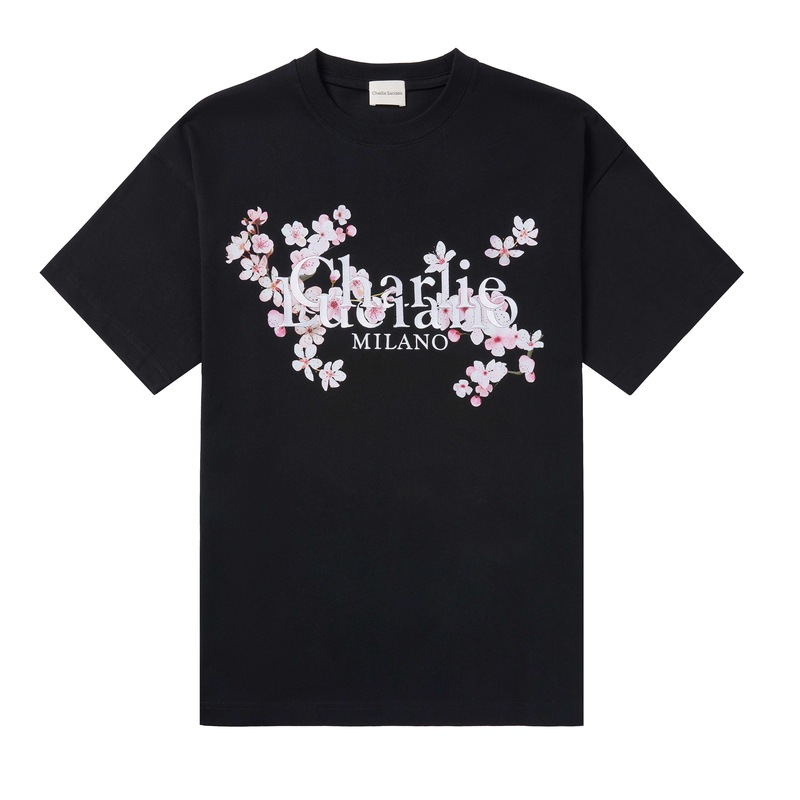 Charlie Luciano Cherry Blossom Logo Print Couple T-Shirt Versatile Trendy Brand Design Short-Sleeve Top Trendy