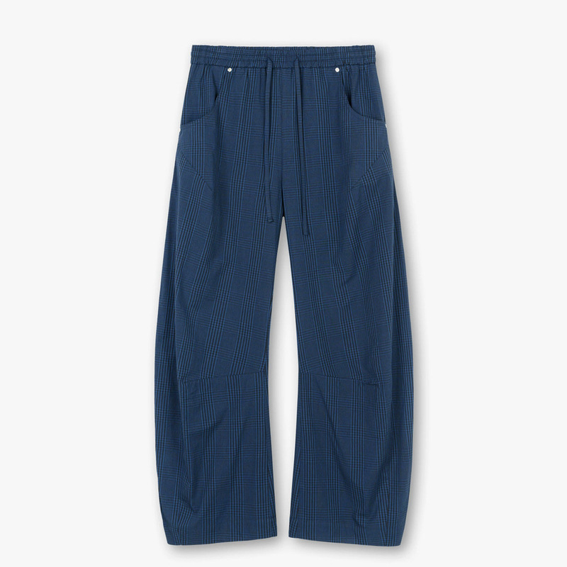 Purey · Wr Wide-Leg Pants with a Holiday Casual Plaid Pattern, Old Money Style, Relaxed and Comfortable Drawstring Navy Blue Trousers