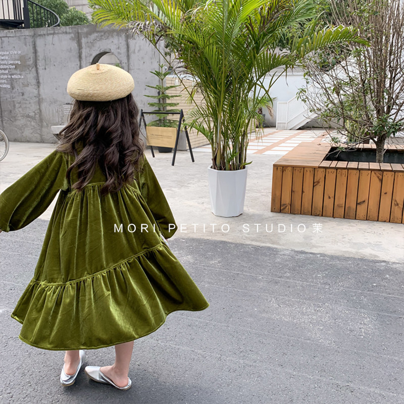 Girl Salty Vegetable Green Velvet Dress Irregular Retro Oversized Overskirt Hem Woman with a knee skirt Spring and Autumn-Taobao
