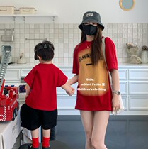 Different parent-child wear 2023 new summer street style mother-child wear American retro red childrens short-sleeved T-shirt
