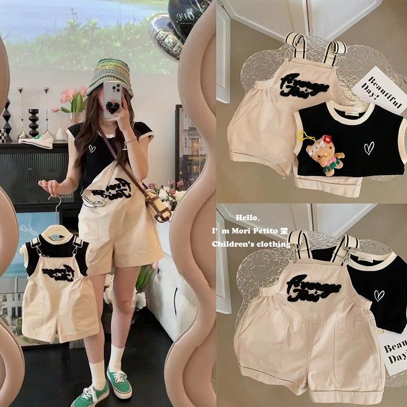 Fried Street Mother-and-son Dress 2023 New Tide Letters Embroidered Children Braces Shorts Pro-Son Dress Summer Mother Women Dress Suit-Taobao