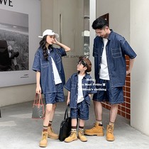 Fried Street Kiss a family of three full family clothing Loose Ocean Gas Men Girl Cowboy Suit Shorts Mother-son Costume summer style