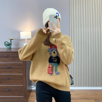 Knock cute retro soft cute cartoon bear Jacquard wool raccoon blend knit sweater round neck sweater autumn and winter