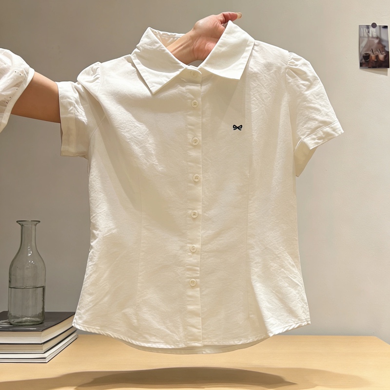 Pure Cotton Oxford Fabric Summer Short-Sleeved White Shirt for Women with Embroidered Design, Petite White Shirt, Casual Narrow Shoulder, Simple Style Pure Cotton Oxford Fabric Summer Short-Sleeved White Shirt for Women with Embroidered Design, Petite White Shirt, Casual Narrow Shoulder, Simple Style