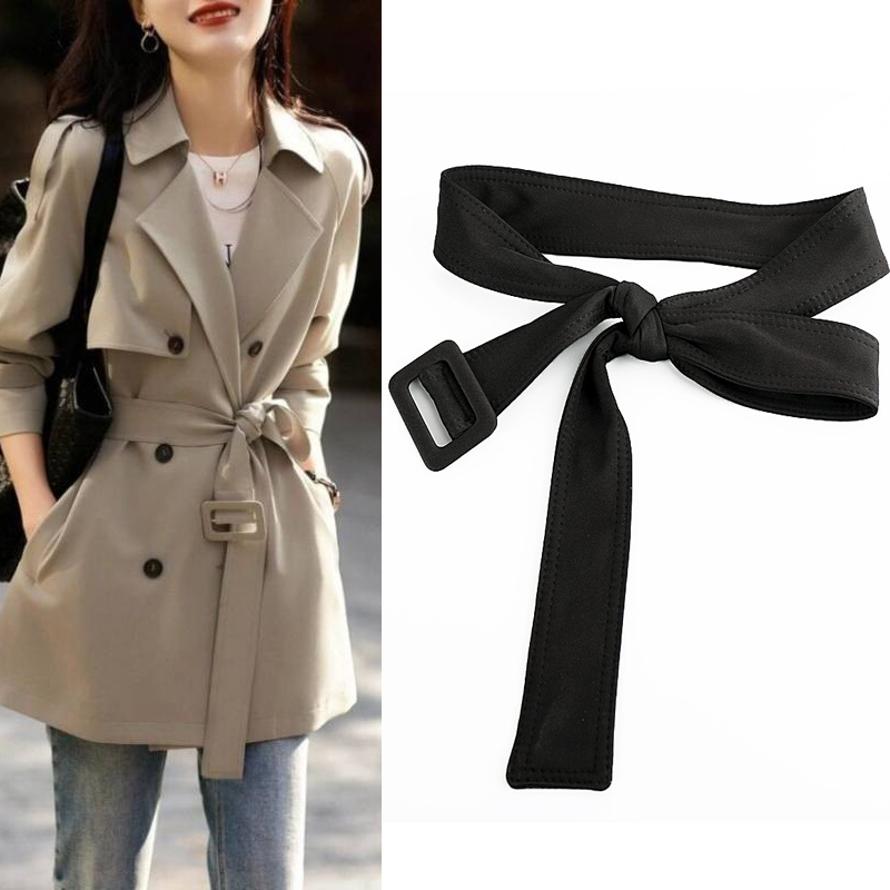 Windbreaker Jacket with Fabric Belt for Women, Paired with a Skirt, Simple and Versatile, Black Long Fabric Belt, Coat Decoration, Waist-Cinching Accessory