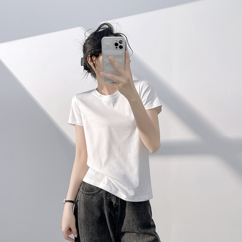 High-Quality Mercerized Cotton Round Neck Regular Shoulder 80-Count Short-Sleeve T-Shirt for Women, White, Loose-Fitting, Long-Sleeve, Can Be Worn as an Inner Layer or Outerwear
