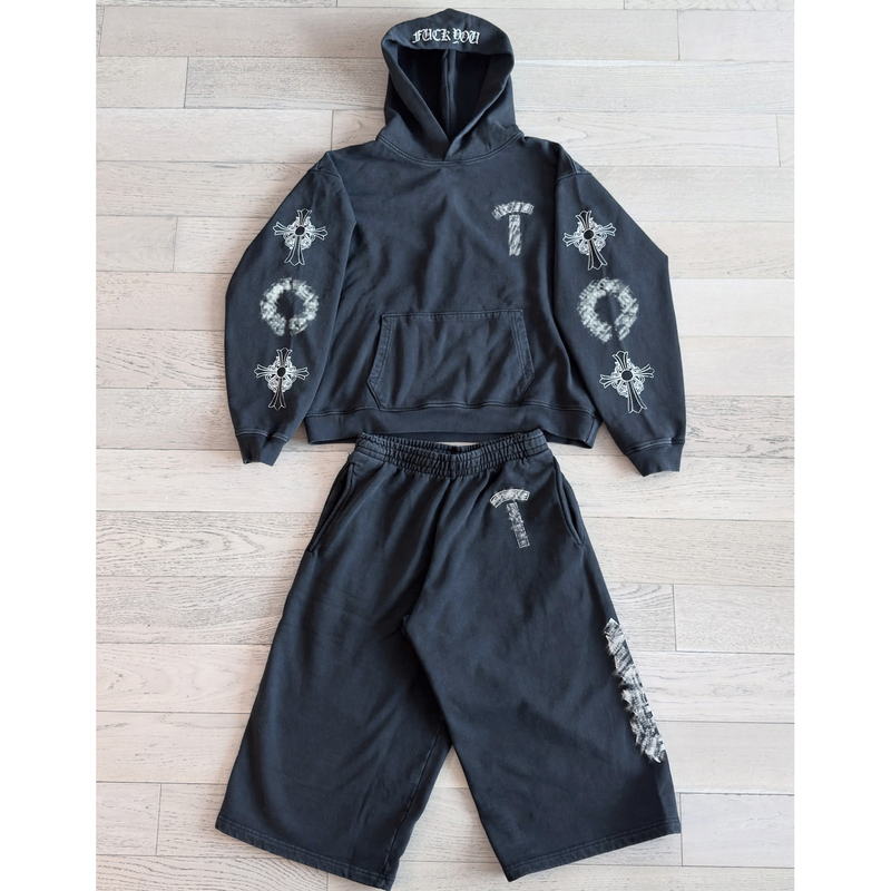 (Replenishment) Self-Designed Soap and Water Washed Vintage Sanskrit Print Shorts, Three-Quarter Length, Sporty, Vintage Style