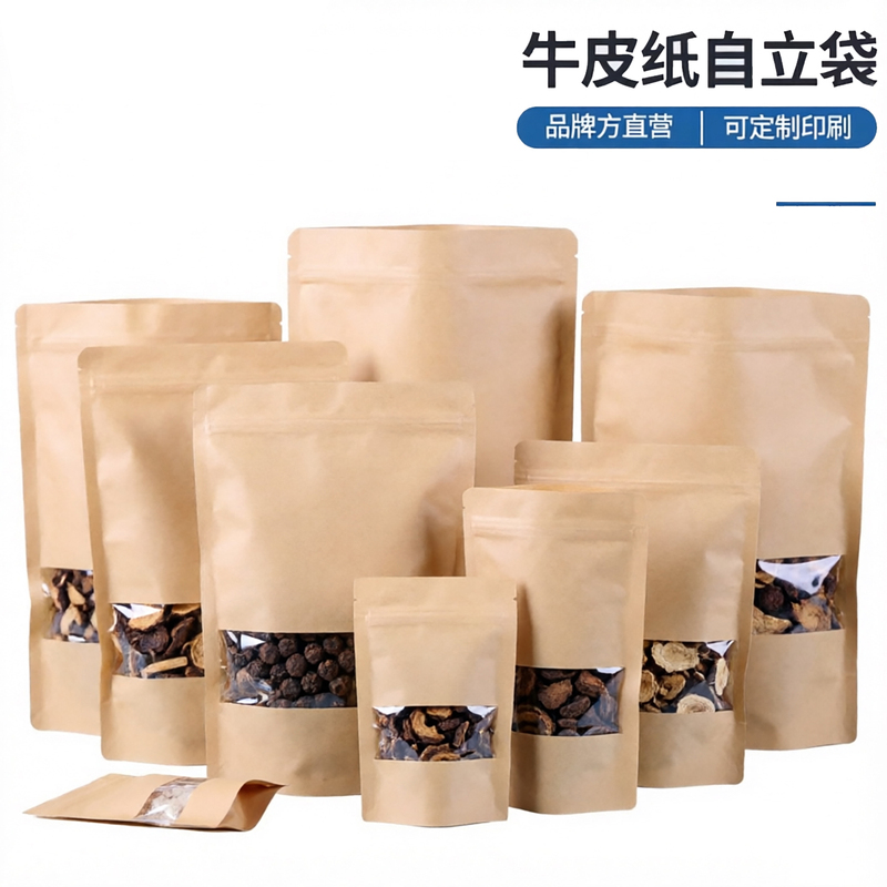 Kraft Paper Stand-Up Pouches for Food Packaging, Frosted Windowed Tea Bags, Thickened Commercial Large Nut Bags, Wholesale, Customizable