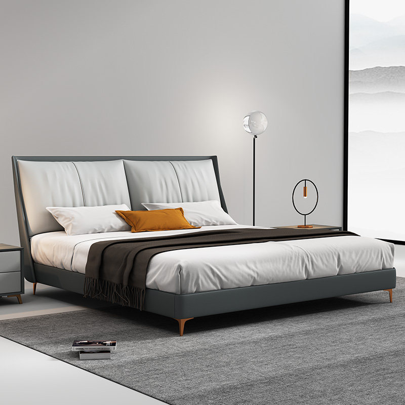 Light luxury bed head layer cowhide Napa leather bed modern minimalist upholstered bed master bedroom wedding bed small apartment side-by-side bed