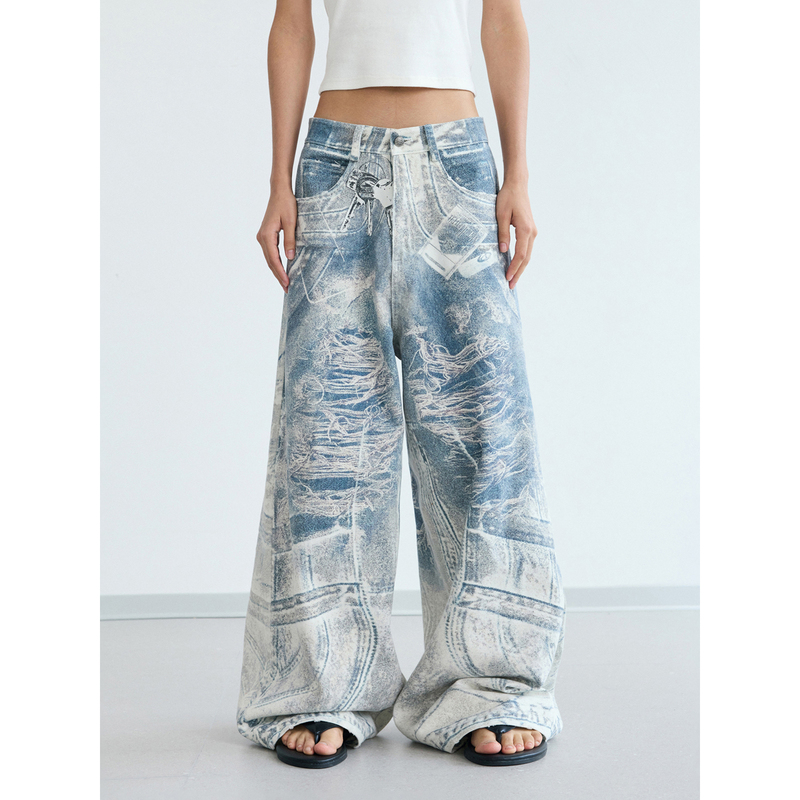 Peoplestyle Retro 3D Printed Jeans Key Chain Digital Kangli Print Baggy Wide-Leg Pants