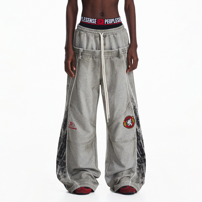 Peoplesense Racing-Style Distressed Double-Waistband Sweatpants, High-Weight, Skin-Friendly, Embroidered Print, Wide-Leg Casual Pants