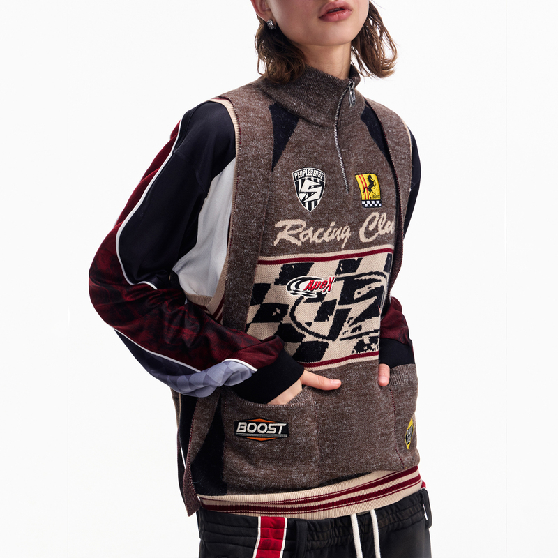 Peoplesense Retro Racing Element Knitted Vest Backpack Structure High Collar Sleeveless Sweater Vest