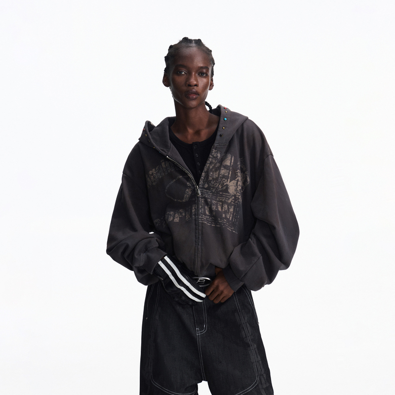 Peoplesense Distressed Racing Print Sweatshirt with Gemstone Studs Hooded Jacket Zipper Top
