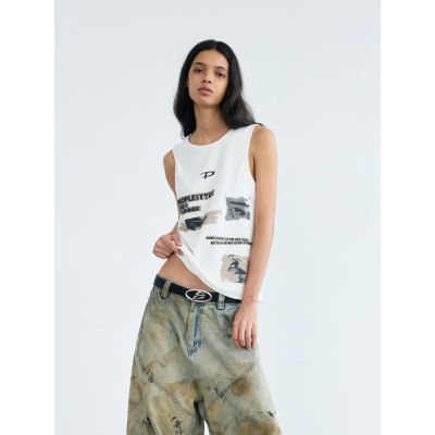PEOPLESTYLE graffiti striped knitted vest texture brand retro punk print gender-neutral halter white