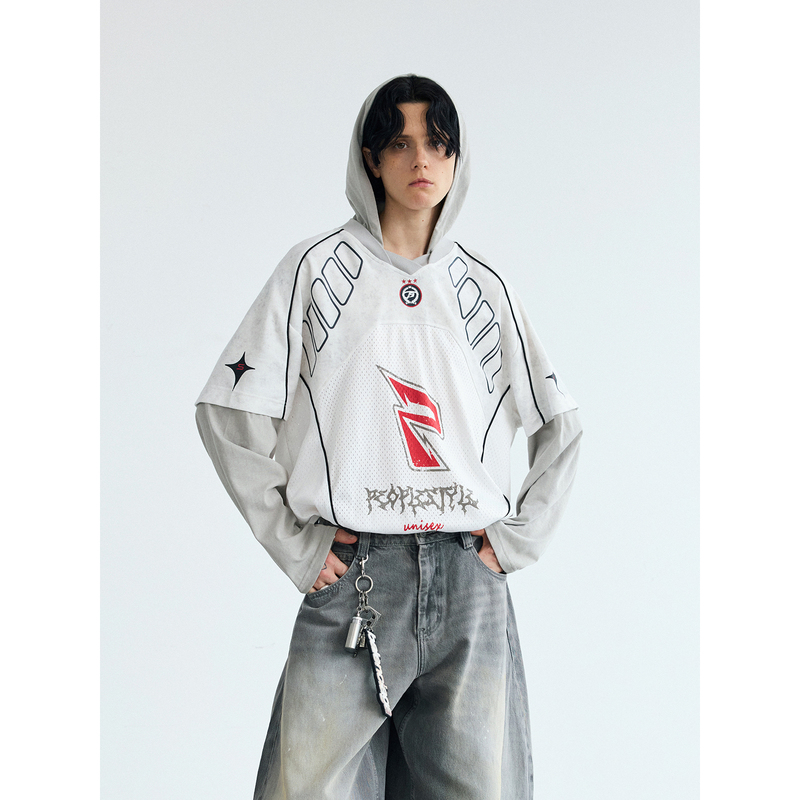 Peoplestyle Racing Patchwork Fake Two-Piece Quick-Drying Long-Sleeved T-Shirt Sports Style Breathable Loose Hooded Jersey Peoplestyle Racing Patchwork Fake Two-Piece Quick-Drying Long-Sleeved T-Shirt Sports Style Breathable Loose Hooded Jersey