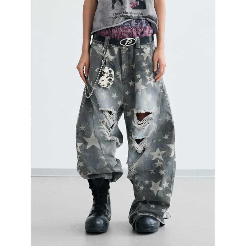 Peoplesense Star Pattern Distressed Ripped Scimitar Pants Retro Loose Casual Wide-Leg Trousers