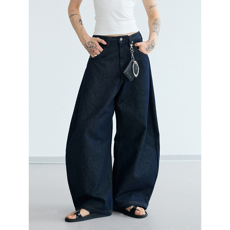 Peoplestyle Raw Denim Dark Blue Wide-Leg Jeans Vintage Simple Loose Versatile Scimitar Pants