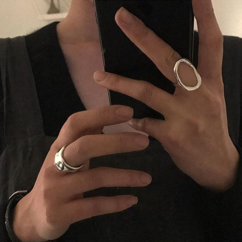 S925 Pure Silver and American Exaggerated South Korea Hollowed-out Wide face Large Alien oval index finger opening not to drop color ring female