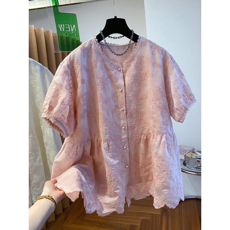 Plus Size 150kg Unique and Super Pretty Lace Embroidered Short-Sleeved Shirt for Women, Summer Age-Reducing Lace Babydoll Shirt Plus Size 150kg Unique and Super Pretty Lace Embroidered Short-Sleeved Shirt for Women, Summer Age-Reducing Lace Babydoll Shirt