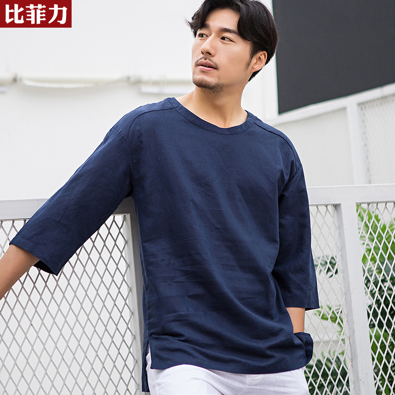 Bilfilip Chinese style casual cotton and linen men's cropped sleeves T-shirt elegant loose linen short sleeves summer thin short T