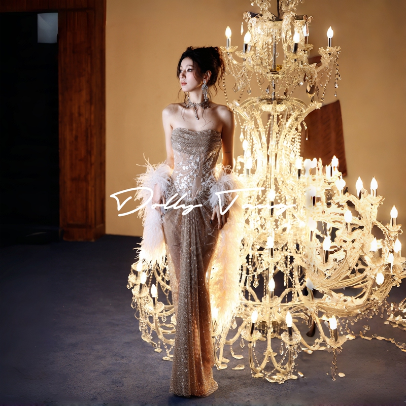 Dollytang [Hera] Luxurious Heavy Beaded Strapless Dress with Sparkling Sequins and Robe Gown