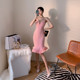 Sweet pink sling dress design sense three-dimensional ruffles deep V-neck sling dress host annual meeting