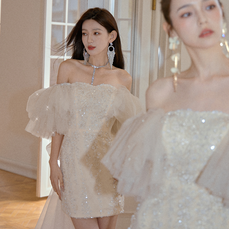 Dollytang Flamboyant Sequin Dress with Heavy Puff Sleeves, Birthday Dress, Coming-Of-Age Ceremony Dress, Mini Dress