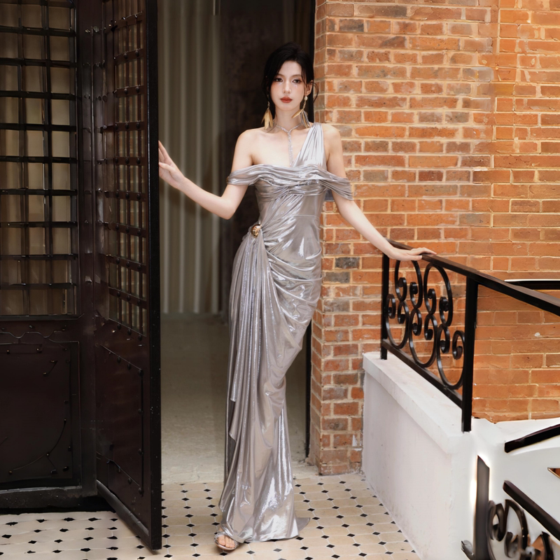 Dollytang [War God] Design-Inspired Greek-Style Ruched One-Shoulder Dress, Flowing Party Mini Dress