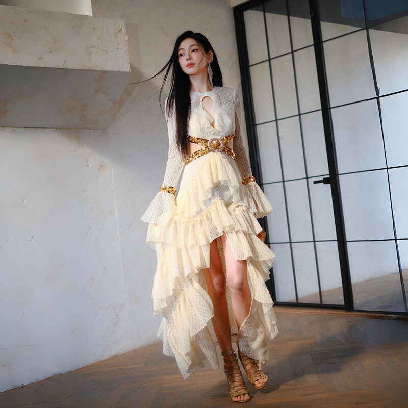 Dollytang Duojia Laurel Goddess Three-Dimensional Ruffle Heavy Layered Lace Dress Backless Mini Dress