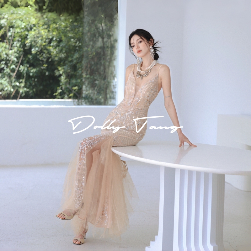 Dollytang [Masha] Heavy Beaded Strap Dress with Dazzling Sparkle at the Waist and Hips, Similar to a Mermaid Gown