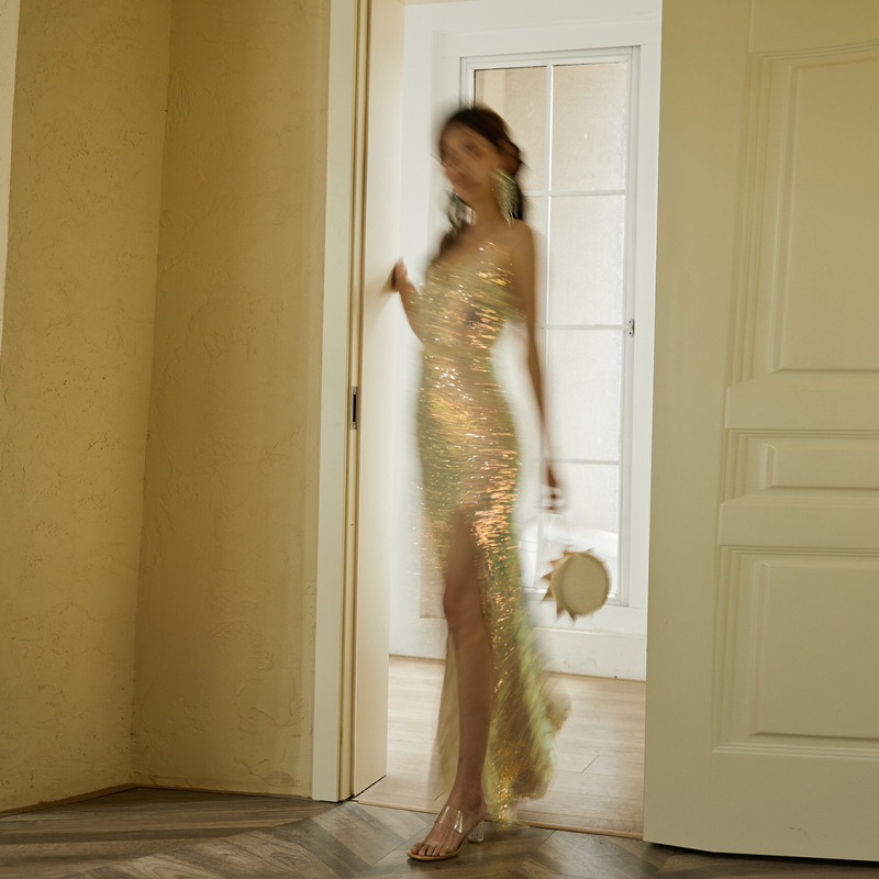 Dollytang Aurora Symphony Sequin Party Mini Dress High-End Waist-Cinching Slit Strap Dress