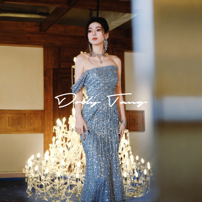 Dollytang Duojia Heavy-Duty Pleated Waist-Cinching Strapless Dress That Accentuates the Figure, Sparkling Sequin Morning Gown, Light Formal Dress