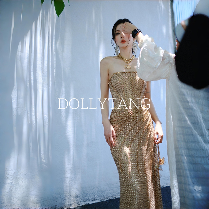 Dollytang [Sun God] Heavy-Duty Sequin Tube Top Dress with Waist-Cinching Gold Party Dress