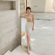 Design three-dimensional pearl false two-piece high waist slit dress nude color wrap hip dress annual meeting host party