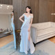 dollytang design sense three-dimensional bow one-word collar dress irregular hem slit tube top dress