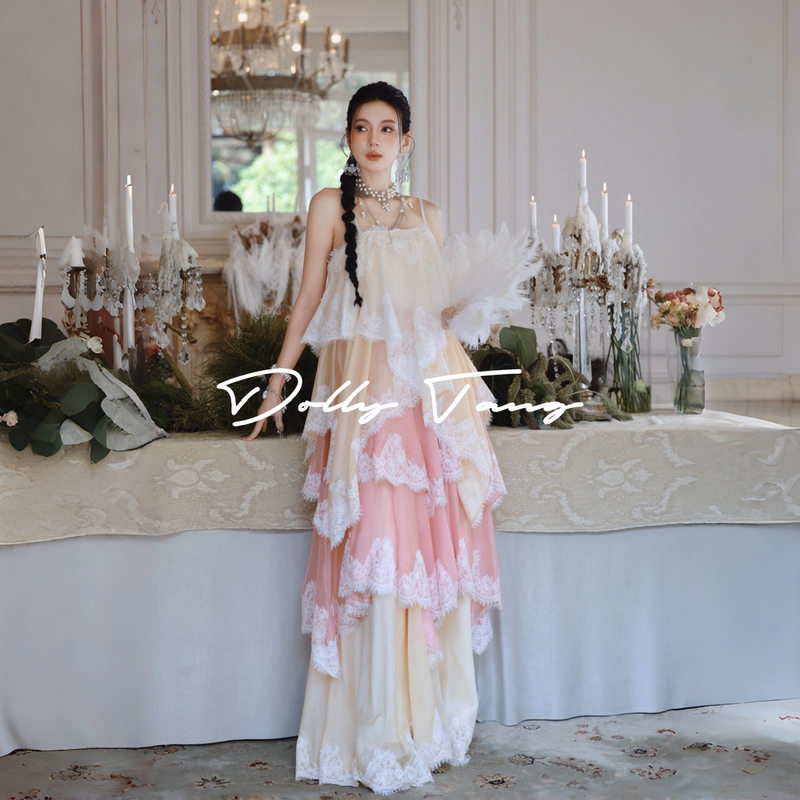 Dollytang Duojia Heavy Lace Patchwork Layered Ruffle Dress Loose Pink Dressing Gown Light Formal Dress