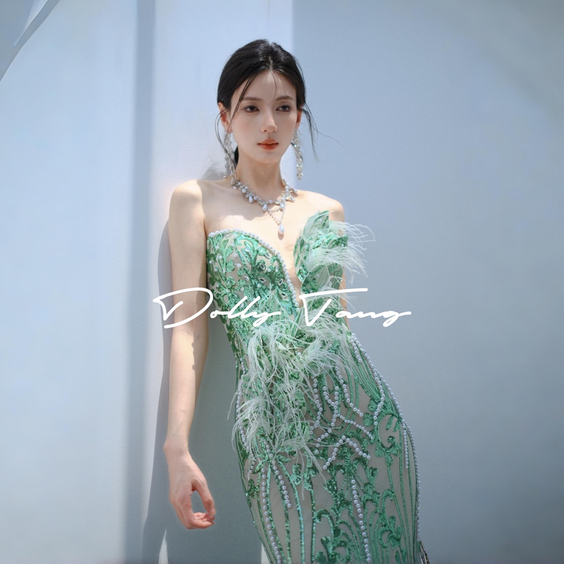 Dollytang Luxury Feather Pearl Sequin Dress with Fine Glitter Sequins on the Waist and Hips, Mermaid Mini Dress