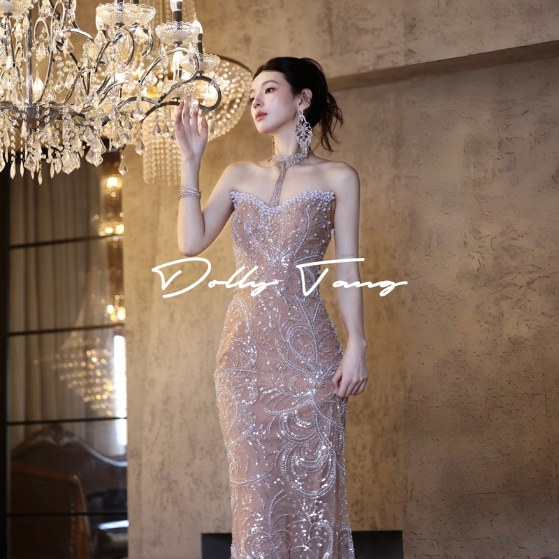 Dollytang Duojia [Mermaid] Luxurious Heavy Crafted Pearl Strapless Dress with Sparkling Embroidery and Robe Gown