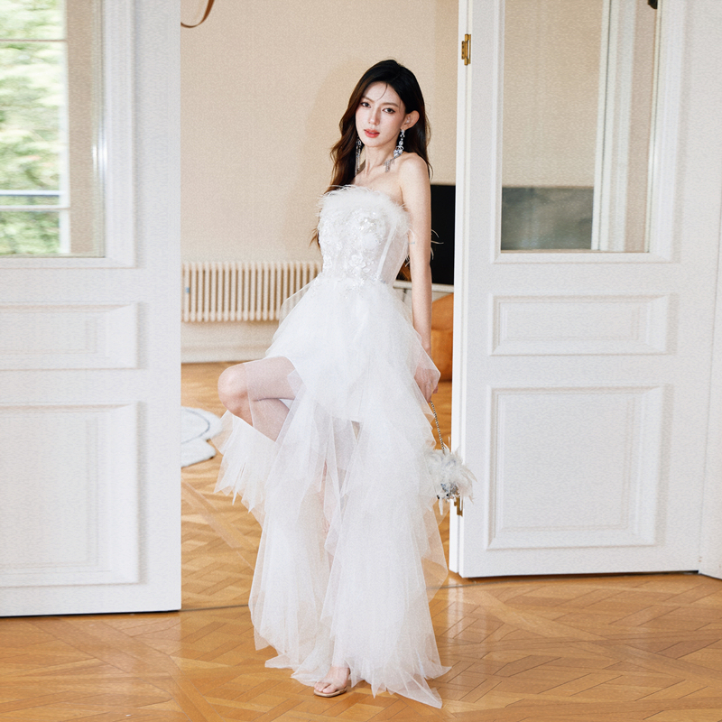 Dollytang Heavy Embroidery Feather Strapless Dress, Short in the Front and Long in the Back, Birthday Coming-Of-Age Ceremony Mini Dress