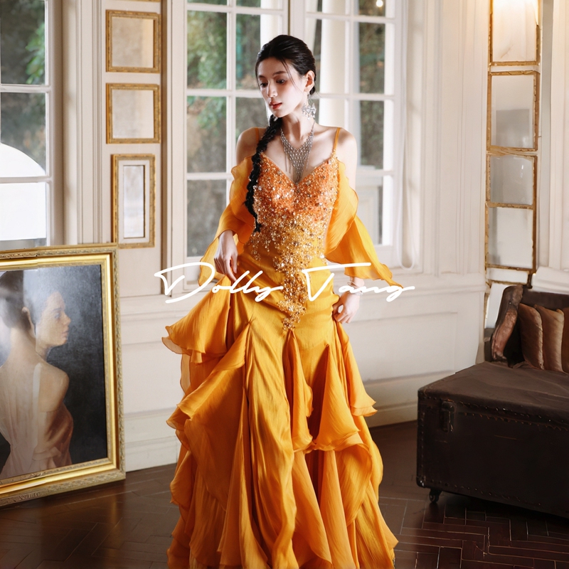 Dollytang [Dancer] Luxurious Heavy Beaded Rhinestone Dress with Three-Dimensional Ruffles and Flowing Gown