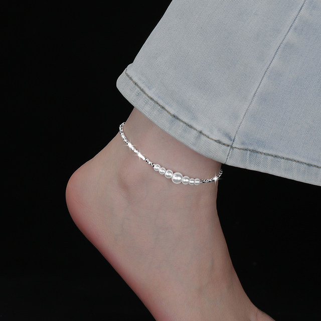 ຖົງຕີນເງິນ 925 sterling pearl breaking silver anklet for women 2023 new trendy Korean version simple and high-end silver anklet for girls