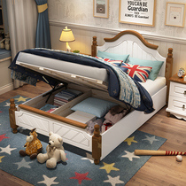 Mediterranean solid wood childrens bed boy single bed 1 5 meters 1 2 meters household high Box Storage Bed 1 35 meters wide