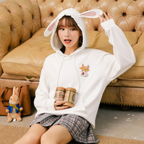 Rabbit ear necropolis 2021 new female long sleeve Korean version loose with cap thin and lazy wind blouses