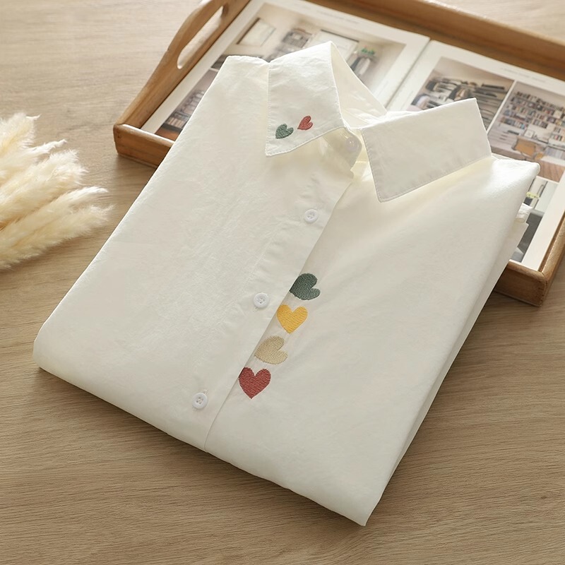 Spring and Autumn New Style Fresh and Simple Heart Embroidery Pure Cotton Long-Sleeve Shirt for Female Students, Age-Reducing Versatile White Shirt